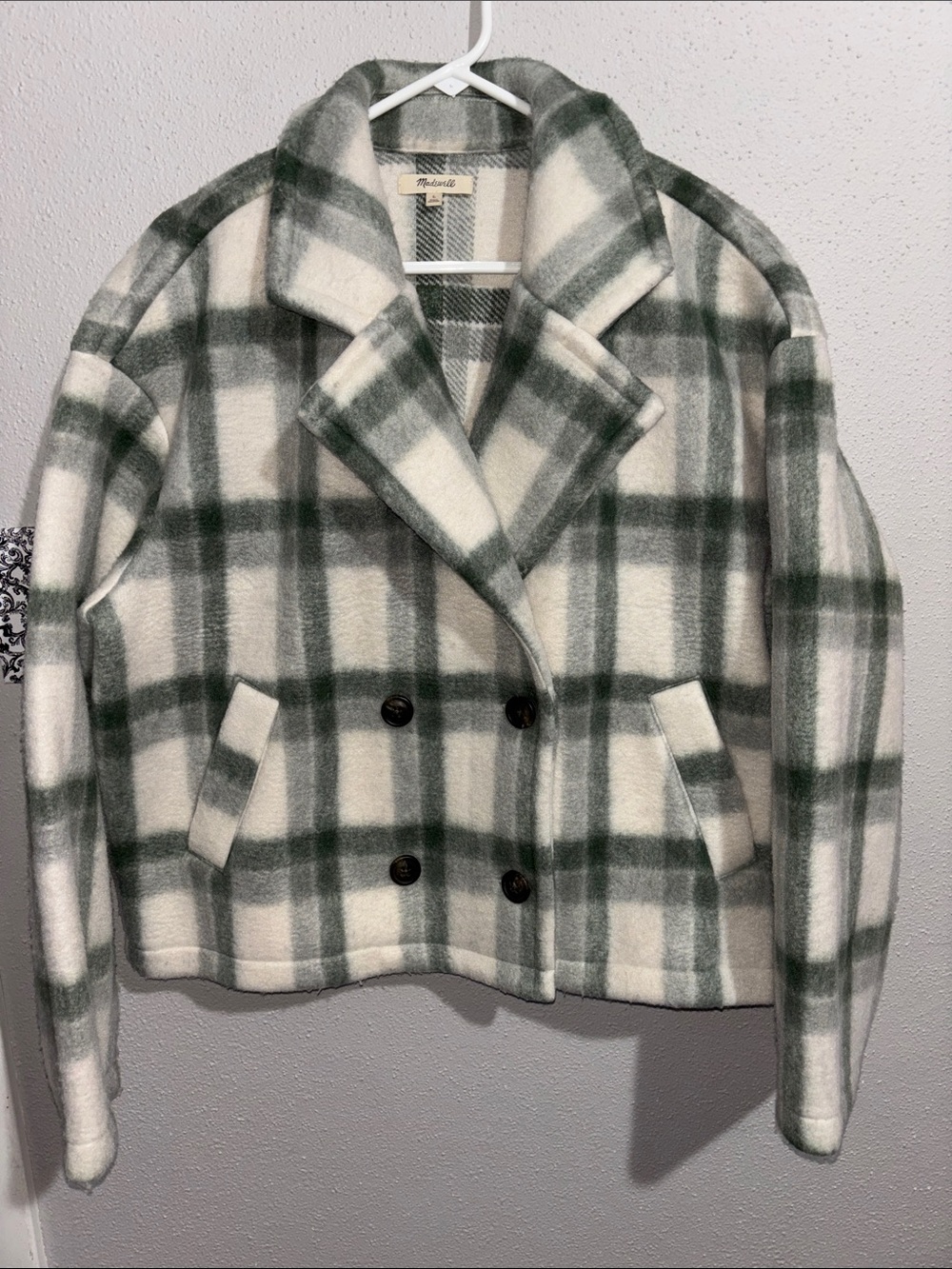 Madewell Jacquard Double-Breasted Crop Blazer in Green Plaid (Large)